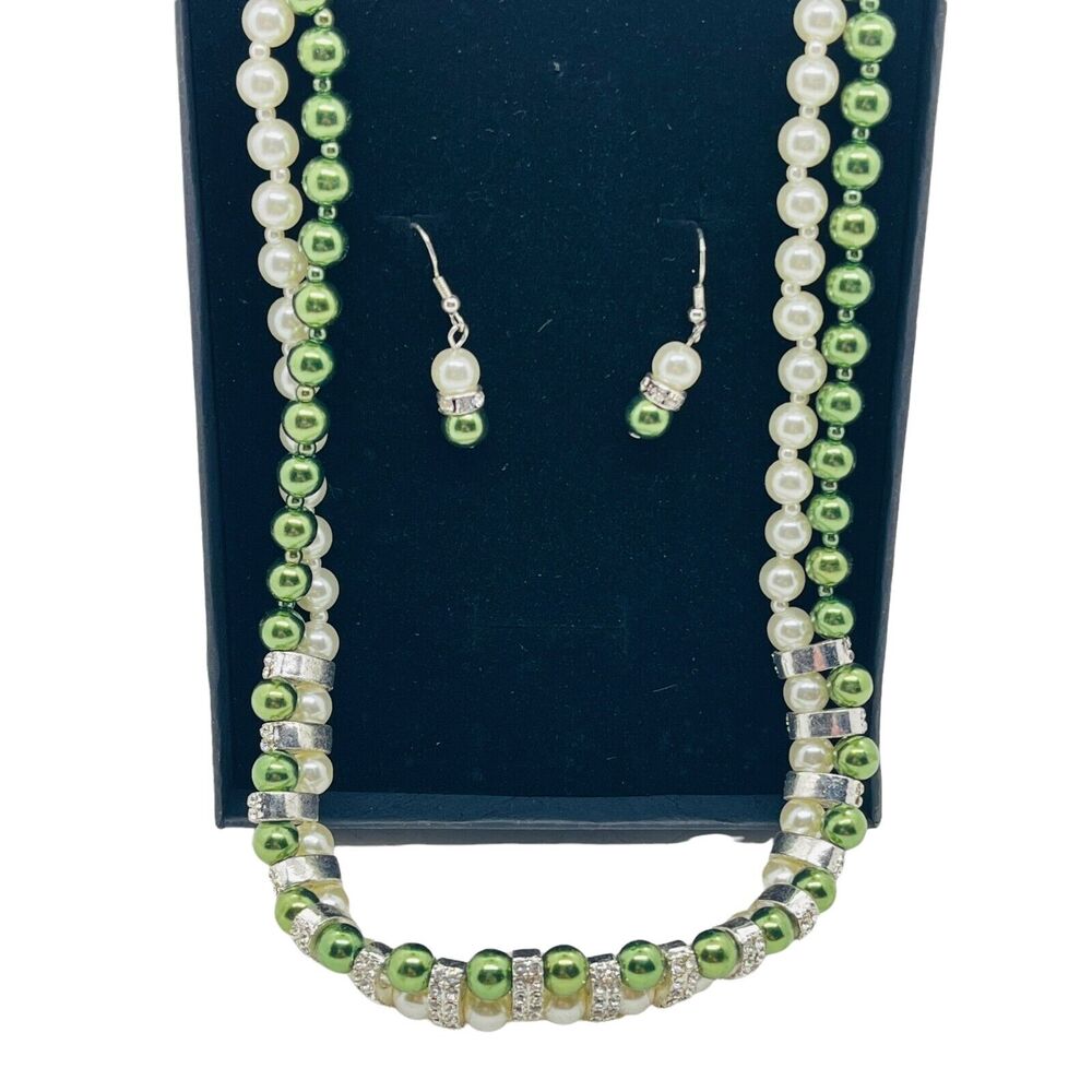 Choker Necklace With Earrings Womens Silver Tone Faux Pearl And Rhinestone